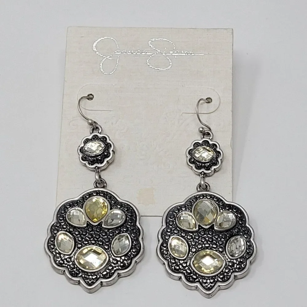 Jessica Simpson Silver Tone‎ Rhinestone Medallion Dangle Earrings Pierced Hook
